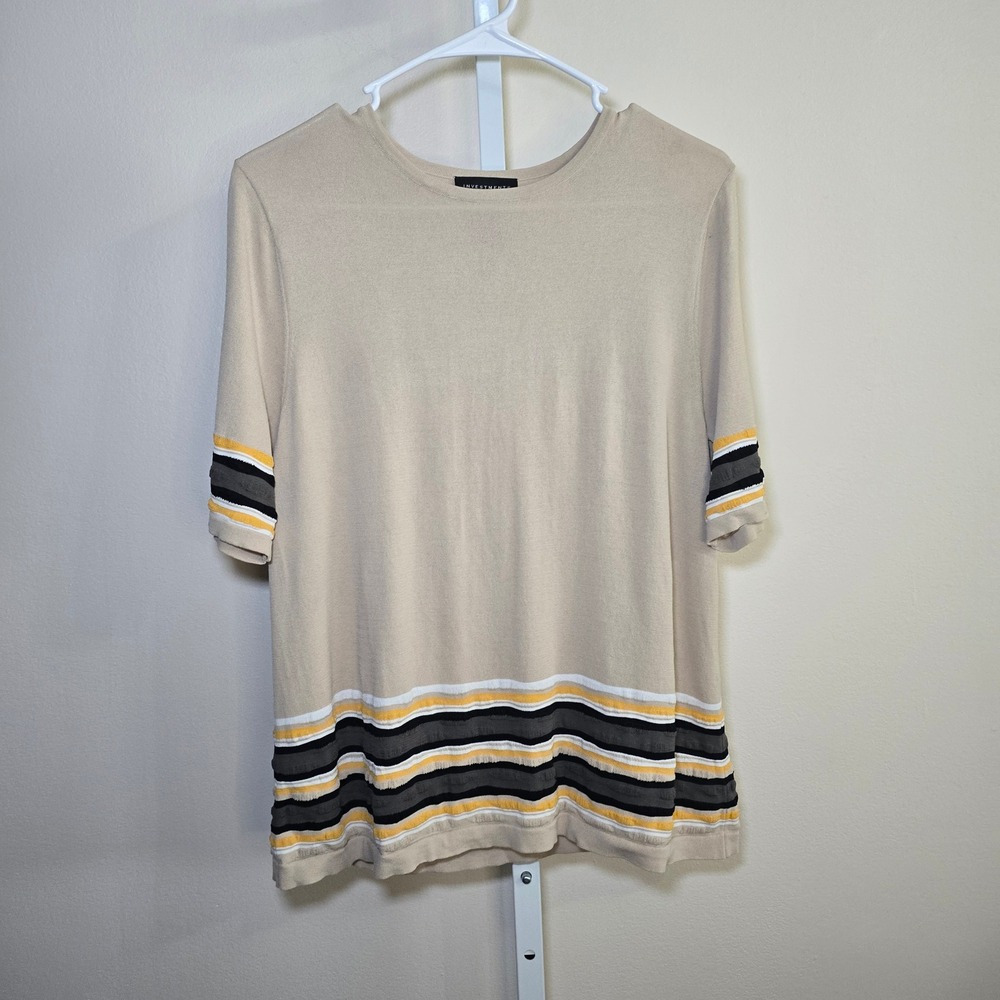 Investments Petites Top, Beige Knit Short Sleeve Striped Bottom PL